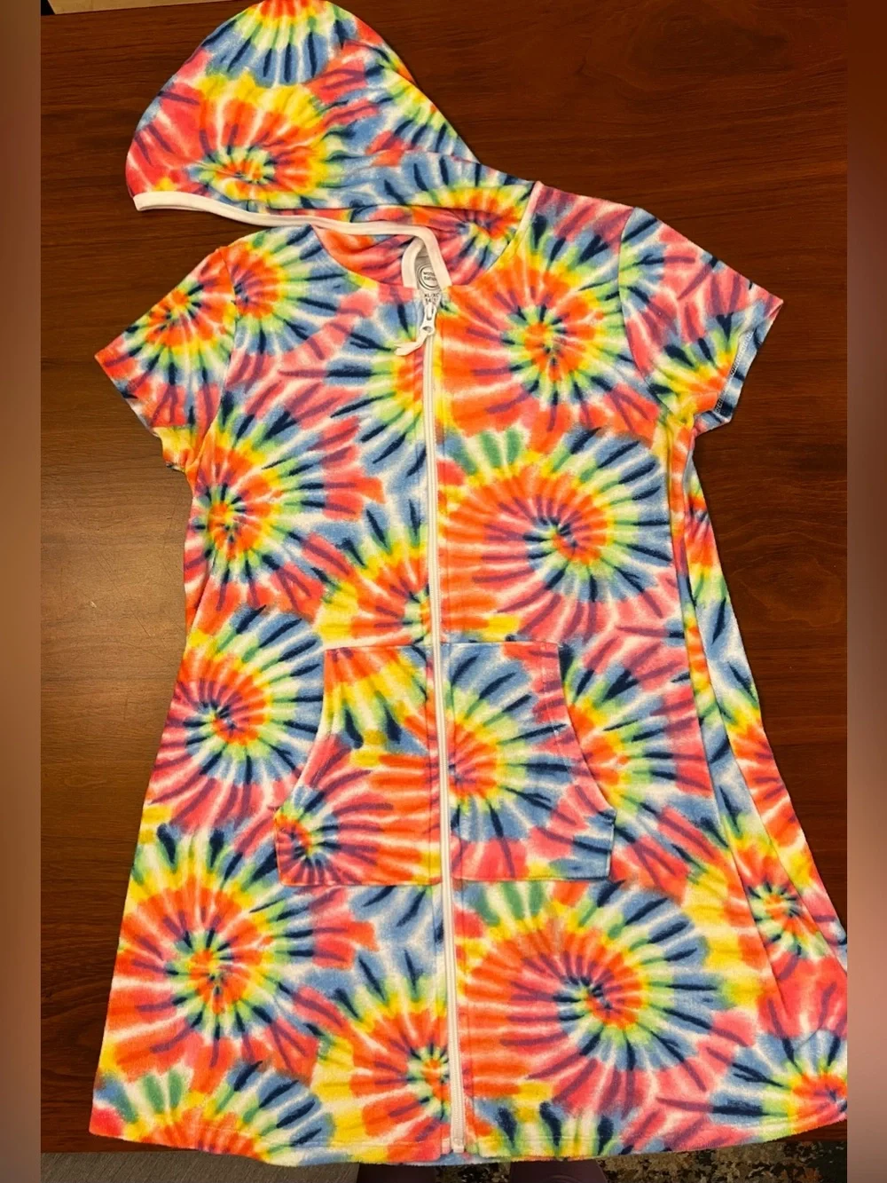 Wonder Nation Girls Rainbow Tie Dye Hooded Terry Swim Cover Up Dress XL 14/16